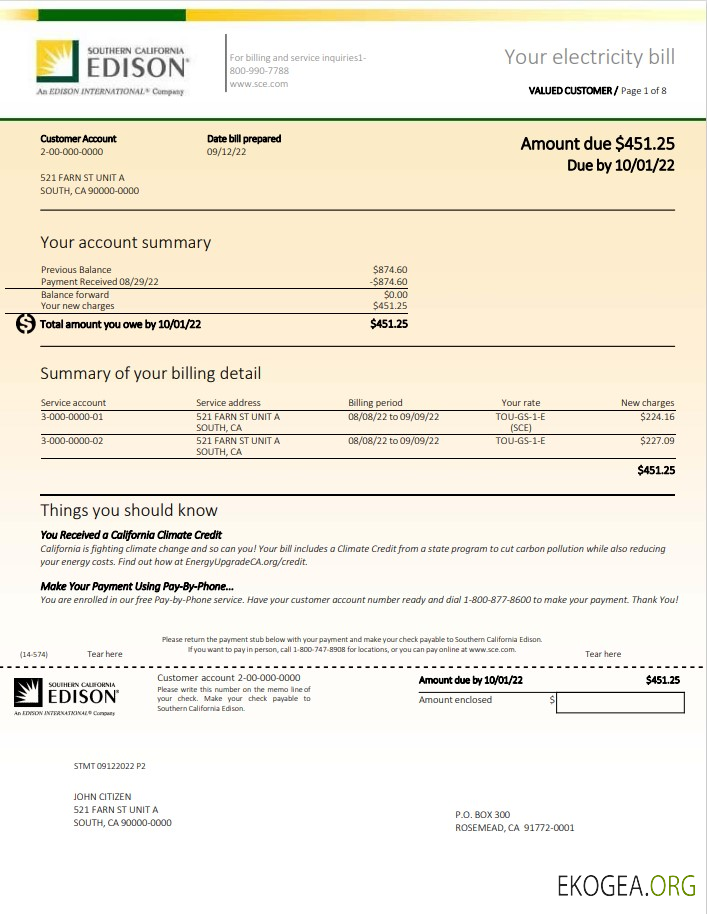 USA Southern California Edison utility bill template in Word and PDF format